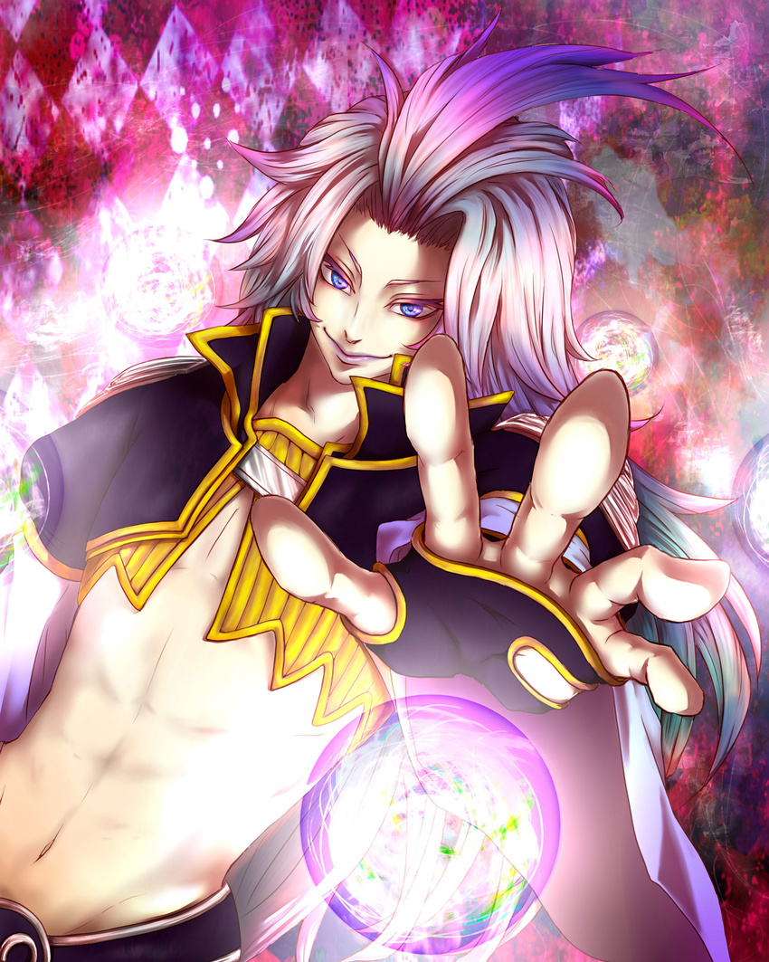 final_fantasy final_fantasy_ix foreshortening hands highres kuja lipstick long_hair makeup male_focus navel nimoji_(taro3p) outstretched_hand revision smile solo