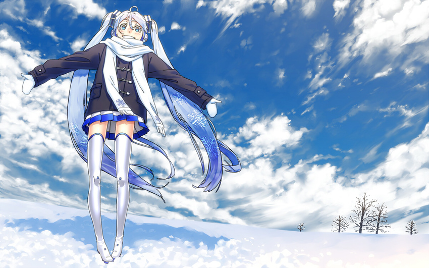 aqua_eyes blue_hair boots cloud coat day grin hatsune_miku kawazu long_hair outstretched_arms scarf skirt sky smile snow solo spread_arms thigh_boots thighhighs twintails very_long_hair vocaloid white_scarf winter yuki_miku