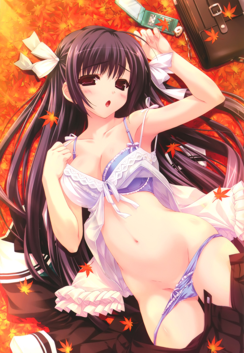 :o absurdres armpits autumn autumn_leaves babydoll bag black_hair blue_bra blue_panties blush bow bow_bra bow_panties bra breasts cellphone cellphone_charm cellphone_strap cleavage clothes_on_floor groin highres kugayama_konoka leaf lingerie long_hair looking_at_viewer lying maple_leaf navel negligee on_back open_mouth panties panty_pull phone pleated_skirt prism_recollection! purple_eyes red_eyes school_bag school_uniform serafuku shintarou skindentation skirt skirt_pull small_breasts solo underwear undressing