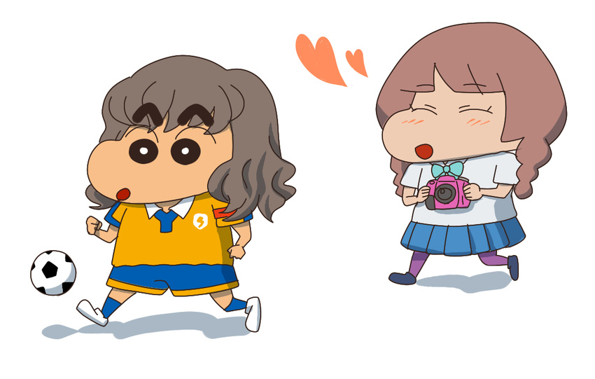 1girl ball braid brown_eyes brown_hair camera chibi crayon_shin-chan inazuma_eleven_(series) inazuma_eleven_go kyanoko long_hair official_style open_mouth parody purple_legwear shindou_takuto short_hair soccer_ball soccer_uniform sportswear style_parody telstar twin_braids yamana_akane