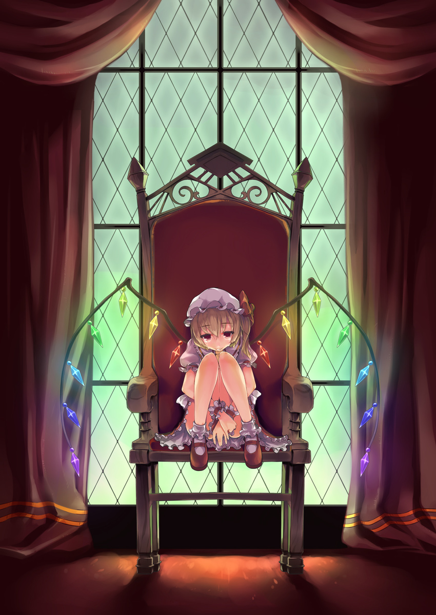 blonde_hair chair covering covering_crotch flandre_scarlet glowing highres indoors leg_hug looking_at_viewer mary_janes night revision shoes side_ponytail sitting smile solo sue_(bg-bros) touhou window wings