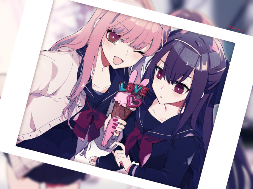 2girls bangs black_skirt blunt_bangs blurry blurry_background breasts brown_eyes cardigan collarbone commentary_request english_text eyebrows_visible_through_hair fate/grand_order fate_(series) fingernails hair_between_eyes heart highres ice_cream_cone long_hair long_sleeves looking_at_viewer looking_down medb_(fate)_(all) medb_(fate/grand_order) medium_breasts multiple_girls one_eye_closed open_mouth photo_(object) pink_hair pleated_skirt purple_hair red_eyes sailor_collar scathach_(fate)_(all) scathach_skadi_(fate/grand_order) school_uniform serafuku sidelocks skirt sleeve_tug smile sweater tiara toyama572 uniform