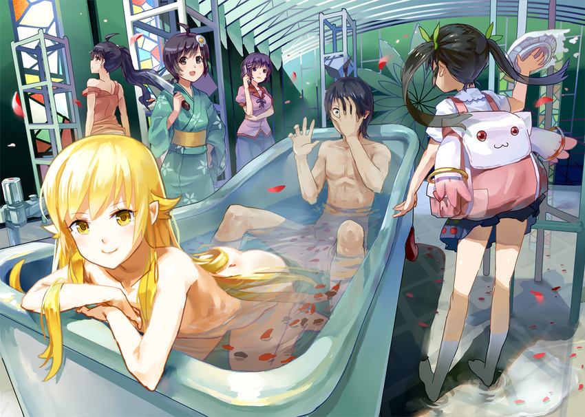 5girls 77gl ahoge araragi_karen araragi_koyomi araragi_tsukihi ass backpack bag bakemonogatari bath bathing bathtub black_hair blonde_hair cellphone crossover food fried_egg hachikuji_mayoi hair_ornament hairclip hanekawa_tsubasa katou_emiri knife kyubey long_legs looking_back mahou_shoujo_madoka_magica mixed_bathing monogatari_(series) multiple_girls nekomonogatari nisemonogatari no_penis nude oshino_shinobu petals phone pie pointy_ears purple_hair seiyuu_connection short_hair side_ponytail slipper_bathtub smile socks stained_glass strap_slip twintails yellow_eyes