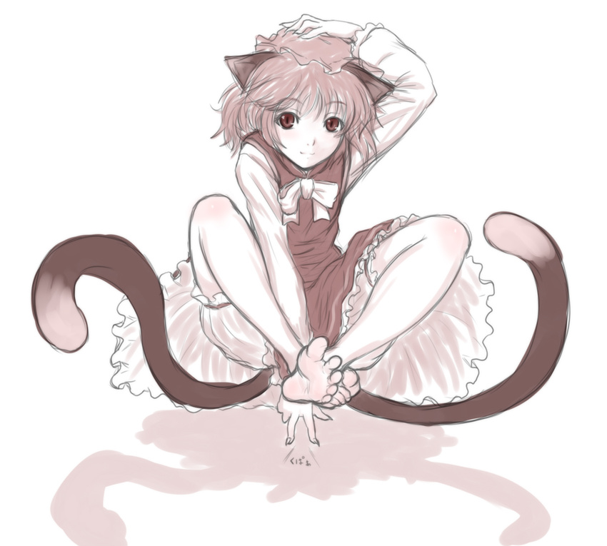 animal_ears balancing bare_legs barefoot bloomers cat_ears cat_tail chen feet hat kuro_suto_sukii monochrome multiple_tails pink short_hair sketch smile soles solo spread_toes tail toes touhou underwear