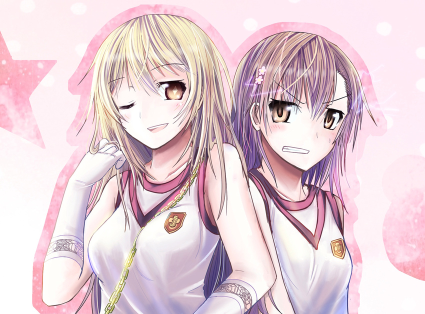 2girls ;d annoyed aoi_usagi_(marinebluerabbit) biribiri blonde_hair brown_eyes brown_hair chain clenched_teeth elbow_gloves gloves gym_uniform hair_ornament hairpin long_hair looking_at_viewer misaka_mikoto multiple_girls one_eye_closed open_mouth pink_background shirt shokuhou_misaki sleeveless sleeveless_shirt smile spider_web_print star symbol-shaped_pupils teeth to_aru_kagaku_no_railgun to_aru_majutsu_no_index upper_body white_gloves yellow_eyes