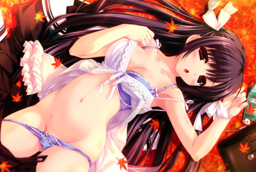 black_hair blush bra cleavage leaves panties panty_pull shintaro underwear undressing