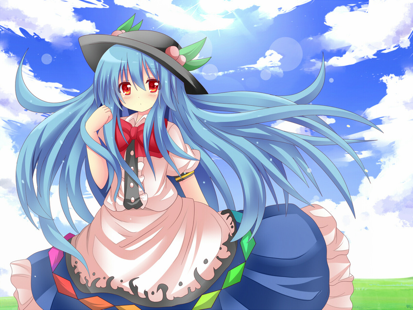 bad_id bad_pixiv_id blue_hair bow cloud day dress food fruit hat hinanawi_tenshi long_hair peach red_eyes shinekalta sky solo touhou very_long_hair