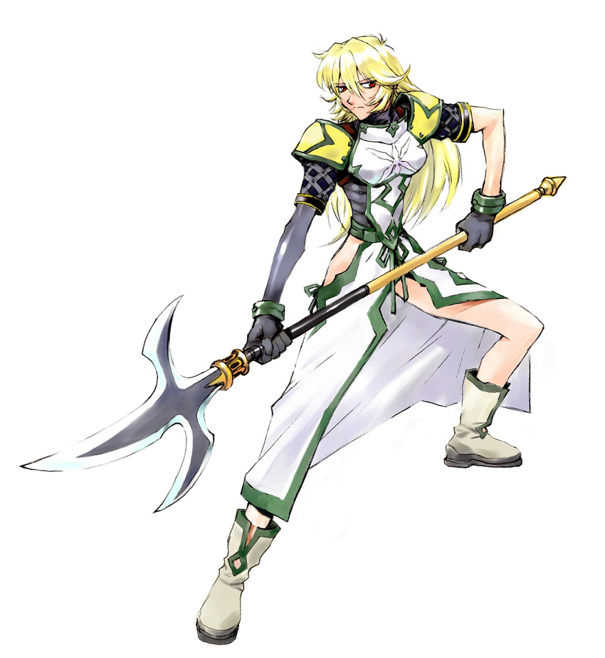 .hack// .hack//games 1girl bandai blonde_hair boots cyber_connect_2 fighting_stance gardenia gloves highres long_hair no_panties polearm red_eyes single_elbow_glove single_glove solo spear weapon