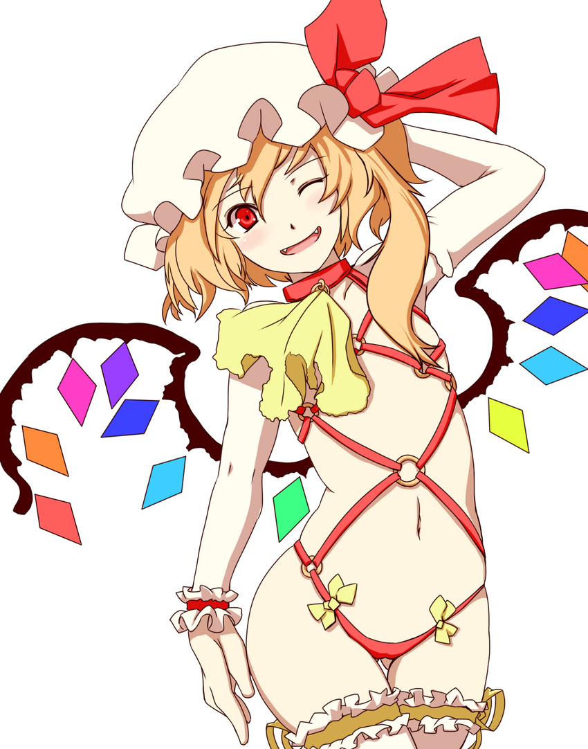 alternate_costume ascot asymmetrical_clothes blonde_hair blush borrowed_design censored choker convenient_censoring dearmybrothers elbow_gloves fangs flandre_scarlet flat_chest gloves hat head_tilt highres one_eye_closed red_eyes simple_background smile solo touhou white_background wings wrist_cuffs