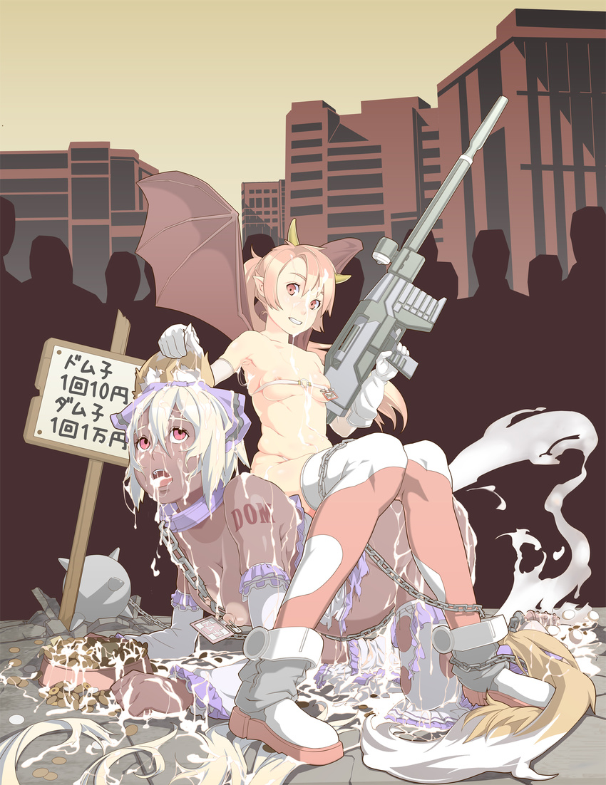 all_fours anal_tail animal_ears bad_id bad_pixiv_id ball_and_chain_restraint bat_wings beltbra boots bowl breasts bukkake butt_plug chain character_request collar cum dark_skin demon_girl detached_sleeves ear_grab elbow_gloves empty_eyes facial fake_tail gloves grin gun gundam highres horns human_chair human_furniture humiliation large_breasts leash long_hair money multiple_girls name_tag nipple_piercing nipple_tag nipples nude one-piece_tan open_mouth pet_bowl petite piercing pink_eyes pink_hair plump ponytail prostitution public_use puffy_nipples safety_pin short_hair sign sitting sitting_on_person small_breasts smile tail tan tanline tattoo tenako_(mugu77) thighhighs tongue torn_clothes trigger_discipline weapon white_hair wings