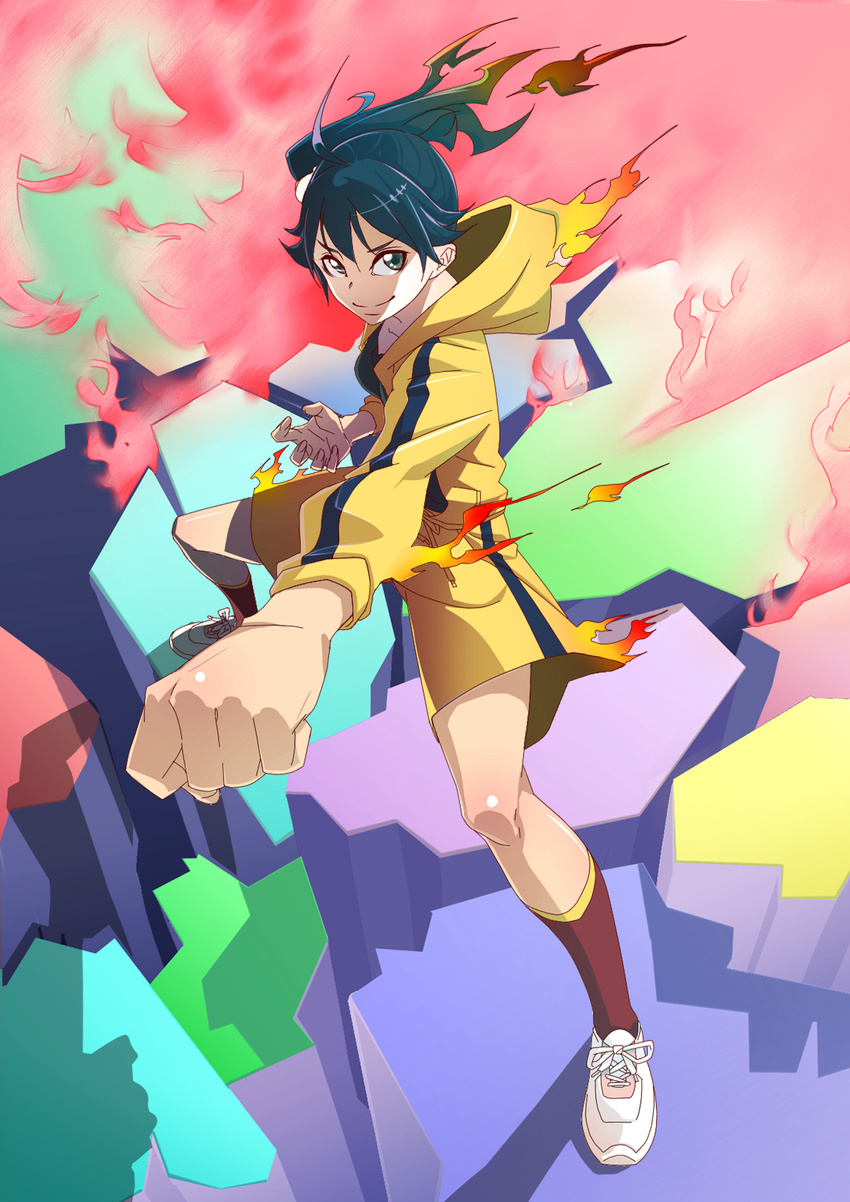 araragi_karen asymmetrical_hair bakemonogatari black_hair clenched_hand fire foreshortening highres hood hooded_track_jacket hoodie jacket kuroneko-neko monogatari_(series) nisemonogatari shorts side_ponytail smile solo stance track_jacket