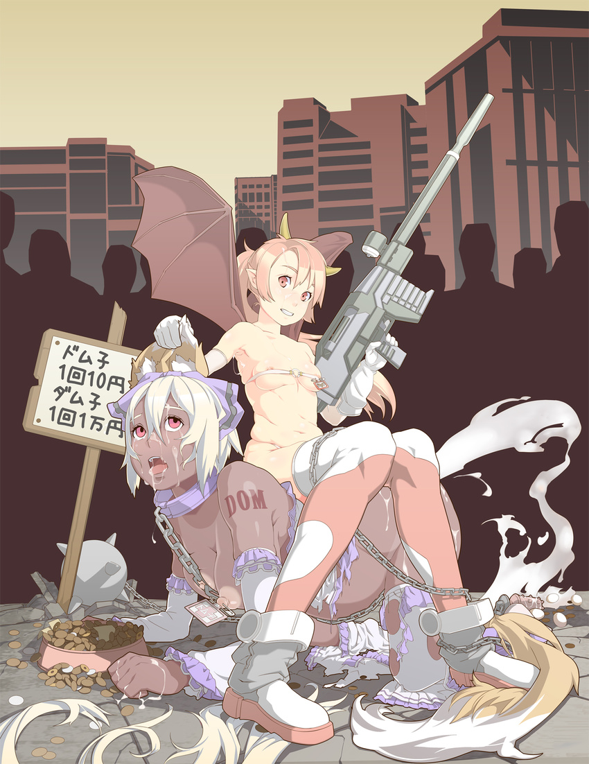 all_fours anal_tail animal_ears bad_id bad_pixiv_id ball_and_chain_restraint bat_wings bdsm beltbra boots bowl breasts butt_plug chain character_request collar cum dark_skin demon_girl detached_sleeves ear_grab elbow_gloves empty_eyes facial fake_tail femdom gloves grin gun gundam highres horns human_chair human_furniture humiliation large_breasts leash long_hair money multiple_girls name_tag nipple_piercing nipple_tag nipples nude one-piece_tan open_mouth pet_bowl petite piercing pink_eyes pink_hair plump ponytail prostitution public_use puffy_nipples safety_pin short_hair sign sitting sitting_on_person small_breasts smile tail tan tanline tattoo tenako_(mugu77) thighhighs tongue torn_clothes trigger_discipline weapon white_hair wings