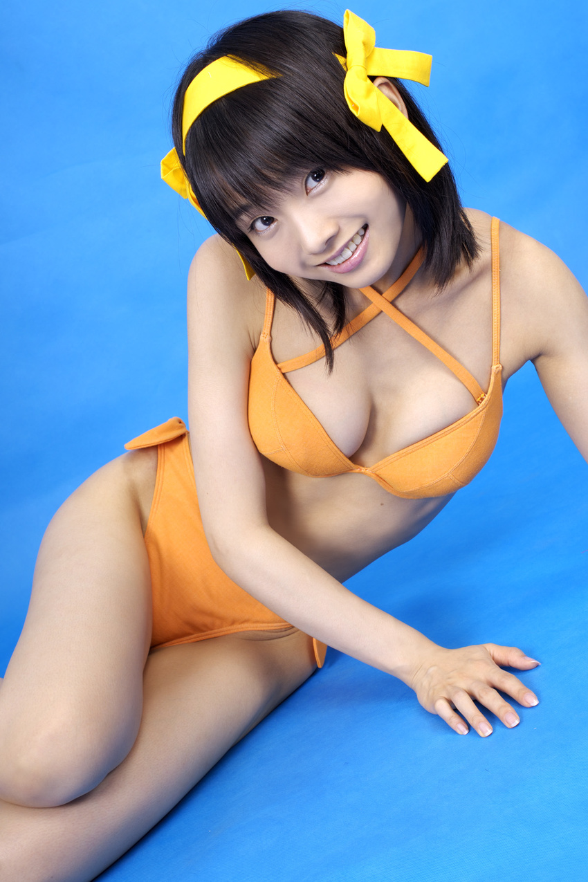 asian bikini cosplay cute flat_chest hair_ribbon hair_ribbons happy highres matsunaga_ayaka photo real ribbon side-tie_bikini small_breasts smile smiling suzumiya_haruhi suzumiya_haruhi_no_yuuutsu swimsuit