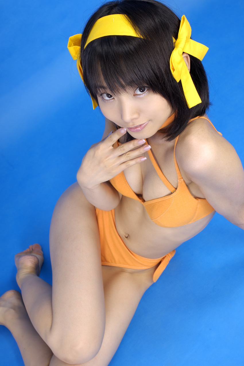 asian bikini breasts cleavage cosplay cute hair_ribbon hair_ribbons happy highres matsunaga_ayaka photo real ribbon side-tie_bikini smile smiling suzumiya_haruhi suzumiya_haruhi_no_yuuutsu swimsuit