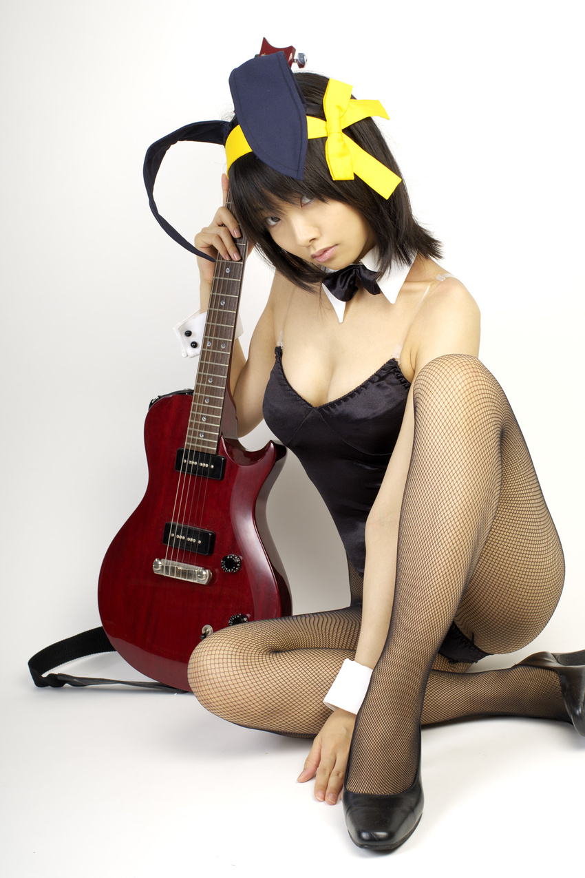 animal_ears asian bow bowtie breasts bunny_ears bunny_girl cleavage cosplay costume fishnet_legwear fishnet_stockings fishnets guitar hair_ribbon hair_ribbons highres instrument legwear leotard matsunaga_ayaka photo real ribbon suzumiya_haruhi suzumiya_haruhi_no_yuuutsu thighhighs