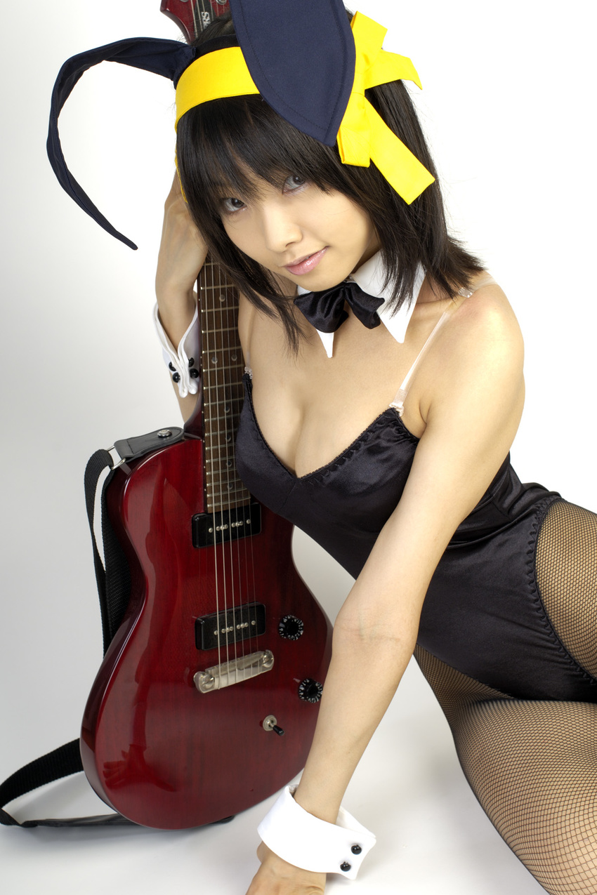 animal_ears asian bow bowtie breasts bunny_ears bunny_girl cleavage cosplay costume fishnet_legwear fishnet_stockings fishnets guitar hair_ribbon hair_ribbons highres instrument legwear leotard matsunaga_ayaka photo real ribbon suzumiya_haruhi suzumiya_haruhi_no_yuuutsu thighhighs