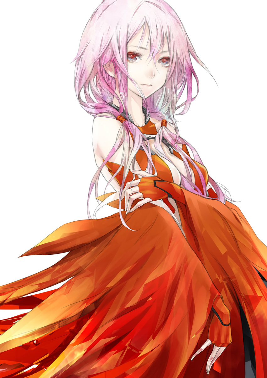 bare_shoulders breasts center_opening cleavage detached_sleeves fingerless_gloves gloves guilty_crown hair_ornament hairclip highres long_hair looking_at_viewer medium_breasts official_art pink_hair red_eyes redjuice simple_background solo twintails white white_background yuzuriha_inori