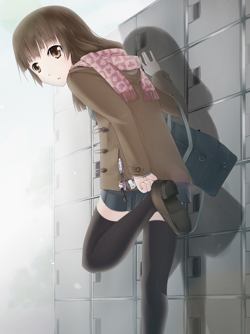 :&lt; arm_support bad_id bad_pixiv_id bag brown_eyes brown_hair cellphone cellphone_charm cellphone_strap checkered club_(shape) coat diamond_(shape) heart highres locker looking_back original phone putting_on_shoes scarf school_bag shintani_kyou shoe_locker skirt solo spade_(shape) standing standing_on_one_leg thighhighs zettai_ryouiki