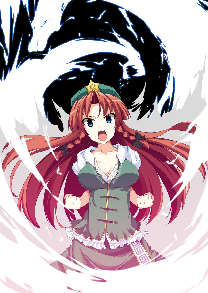 blue_eyes bow braid breasts cleavage clenched_hands fujy hat highres hong_meiling large_breasts long_hair open_mouth powering_up red_hair solo star touhou twin_braids
