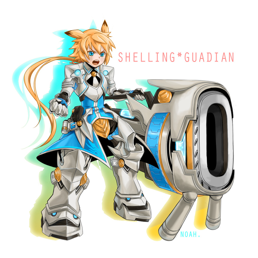 :o aqua_eyes armor bad_id bad_pixiv_id blonde_hair chung_seiker elsword full_body gauntlets gloves greaves hair_flaps huge_weapon long_hair male_focus noah_(chesed788) open_mouth shelling_guardian_(elsword) weapon white_background