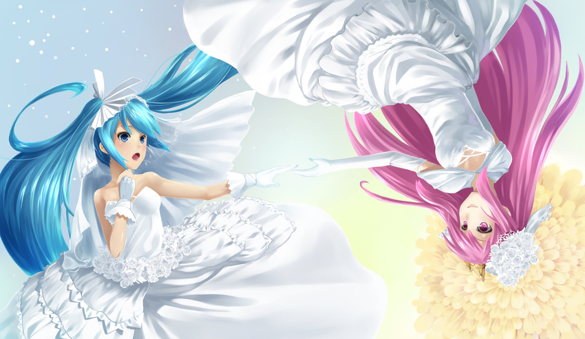 aqua_eyes aqua_hair bad_id bad_pixiv_id bare_shoulders dress elbow_gloves gloves hand_on_own_chest hatsune_miku highres long_hair megurine_luka multiple_girls open_mouth outstretched_arm pink_eyes pink_hair reaching rotational_symmetry strapless strapless_dress tokumaro twintails upside-down veil very_long_hair vocaloid wedding_dress