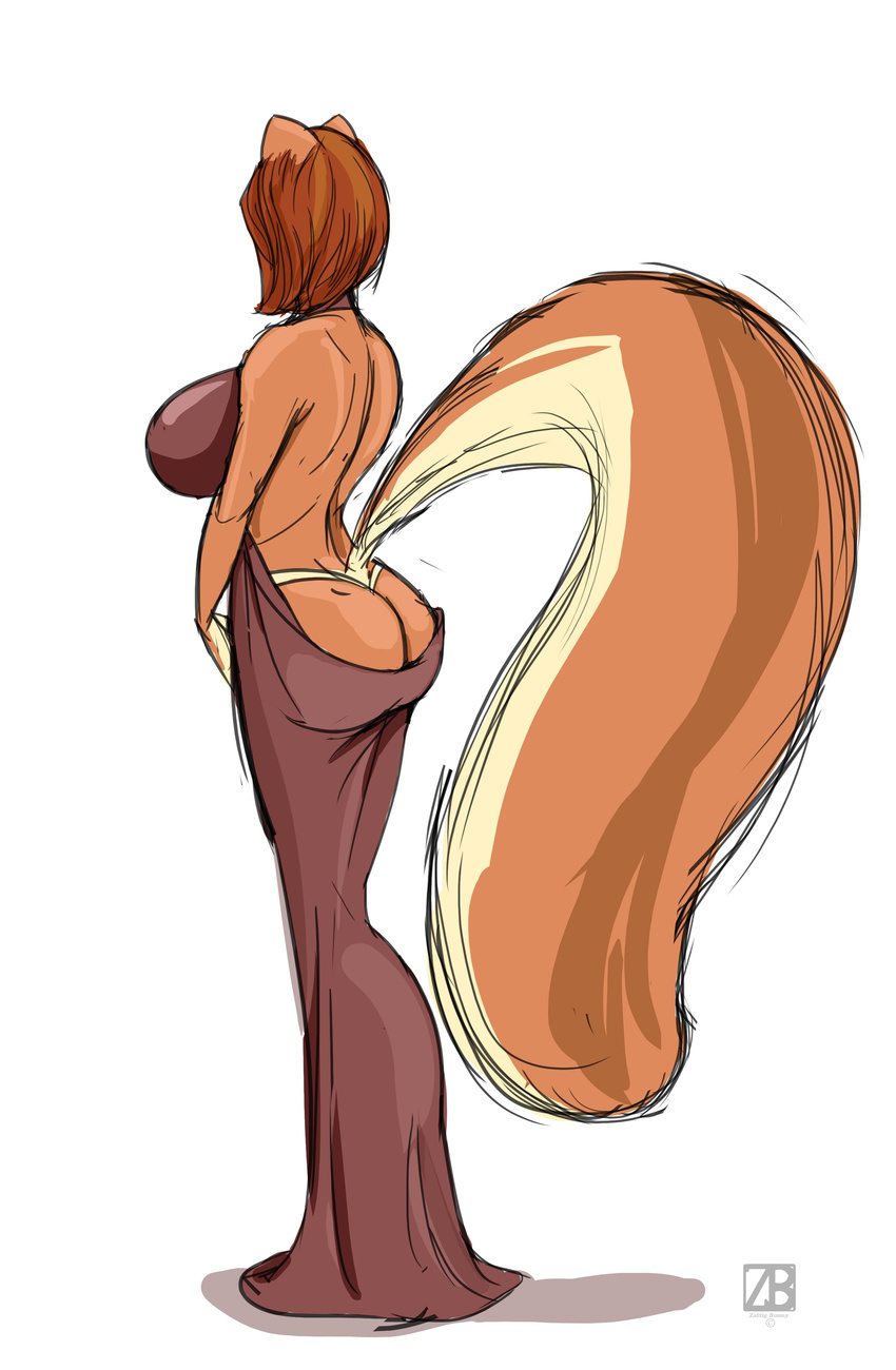 back big_breasts big_tail breasts butt dress female fluffy_tail hair hi_res penny_flynn short_hair solo standing tail thong voluptuous wide_hips zaftigbunnypress