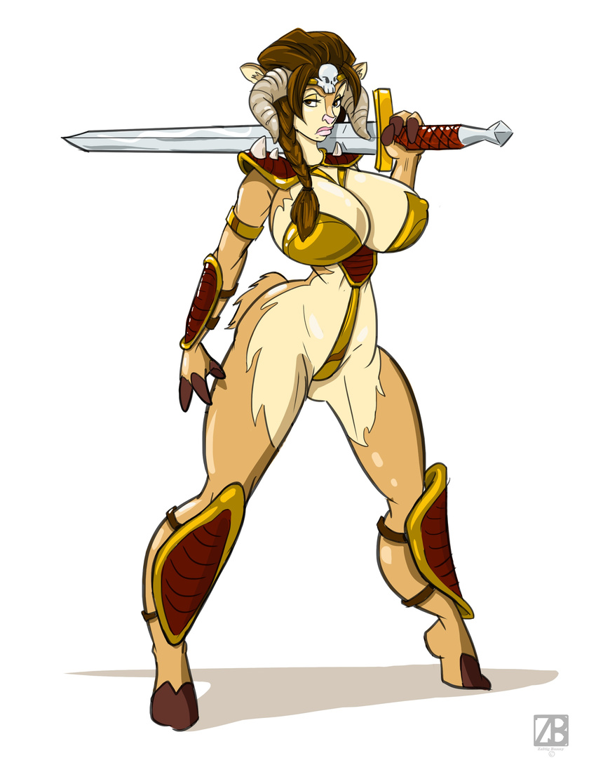 anthro armband armbands armor big_breasts big_thighs braid breasts brown_eyes brown_hair cleavage clothed clothing female gladiator hair hi_res horn lips long_hair looking_at_viewer pose skull solo standing sword tail thick_thighs thighs unconvincing_armor voluptuous warrior weapon wide_hips zaftigbunnypress