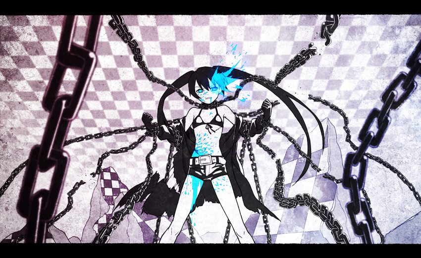 bikini_top black_hair black_rock_shooter black_rock_shooter_(character) blood blue_eyes blue_fire chain checkered fire gloves highres jacket letterboxed long_hair midriff navel scar short_shorts shorts solo spot_color torn_clothes twintails urue