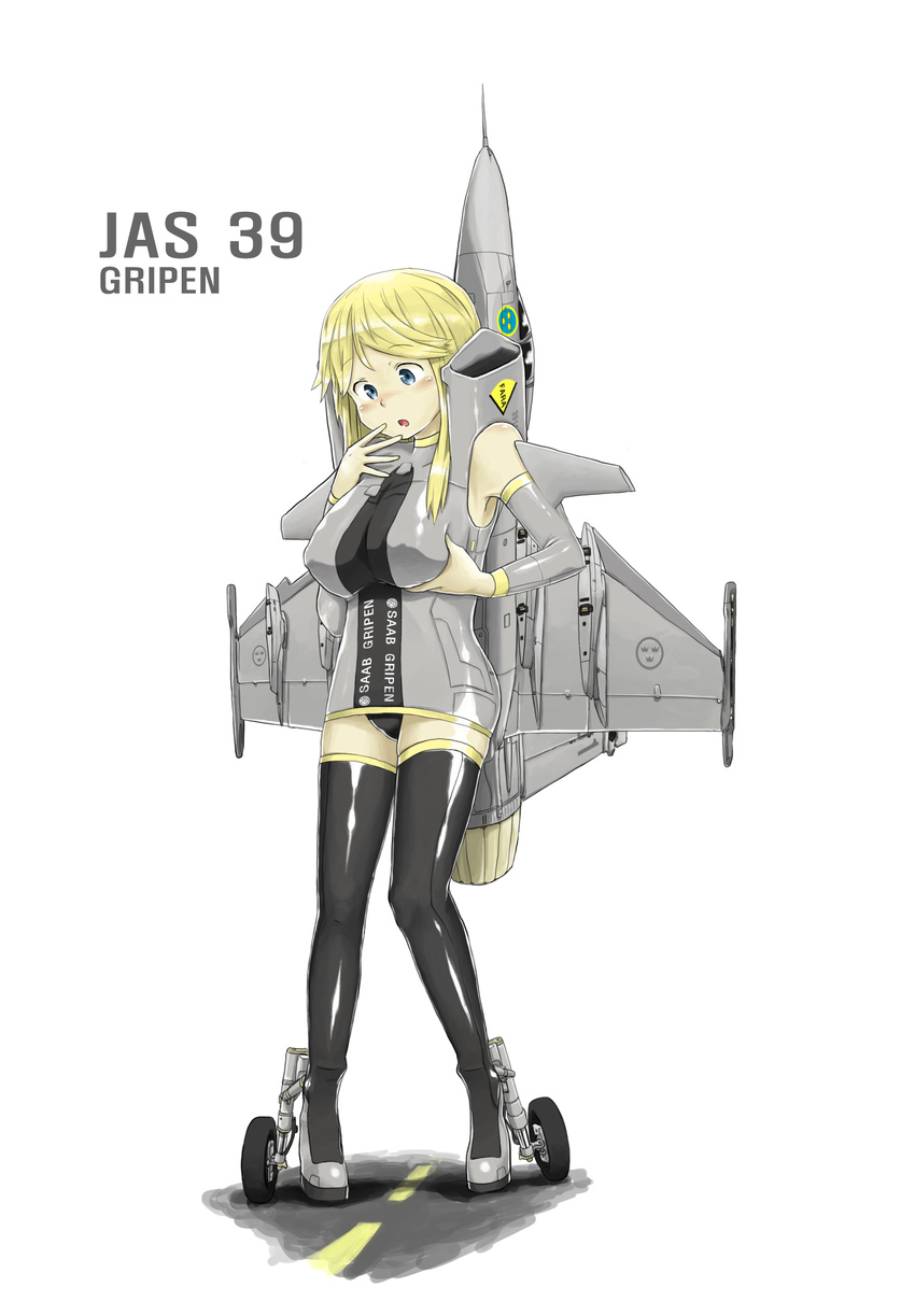 absurdres aircraft airplane anyan_(jooho) black_legwear blonde_hair blue_eyes breast_hold breast_squeeze breasts canards character_name detached_sleeves flight_highschool highres jas-39_(flight_highschool) jet large_breasts mecha_musume military open_mouth original personification pigeon-toed runway saab_gripen sidelocks solo svenska_flygvapnet sweden thighhighs wheel white_background