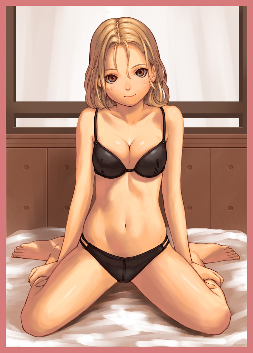 barefoot blonde_hair bra breasts brown_eyes cleavage highres lingerie medium_breasts original panties sitting smile solo underwear underwear_only wariza yukihiro