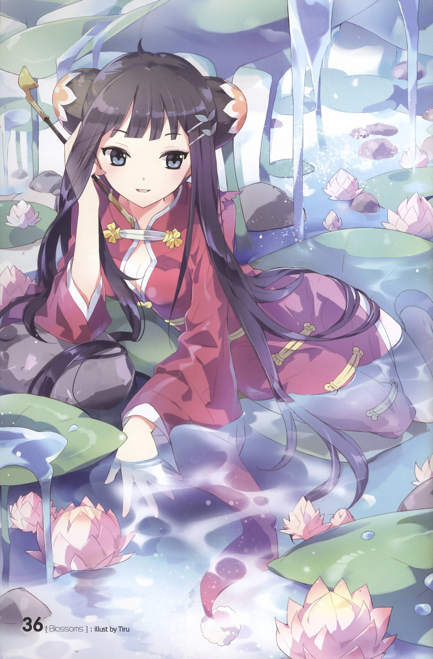 black_hair blue_eyes breasts bun_cover chinese_clothes cleavage double_bun hair_ornament hairclip highres kiseru leaf lily_pad long_hair lying on_side original partially_submerged pipe plant side_slit sidelocks small_breasts smile solo tiru water