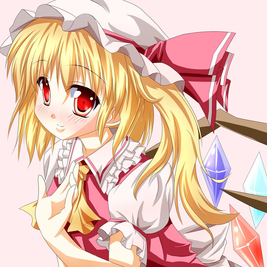 ascot bad_id bad_pixiv_id blonde_hair bow flandre_scarlet hat hat_bow highres kmkm9696 red_eyes short_hair side_ponytail solo touhou upper_body wings