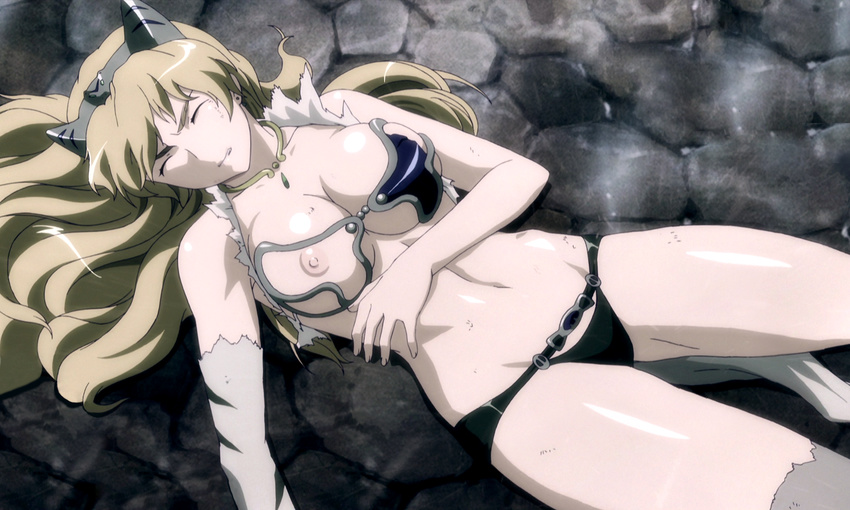 blonde_hair breasts elina eyes_closed highres laying_down long_hair lying nipple nipples photoshop queen's_blade queen's_blade screencap stitched torn_clothes