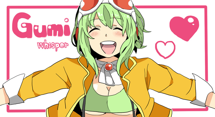 bad_id bad_pixiv_id blush chatubo goggles goggles_on_head green_hair gumi headphones heart jacket megpoid_(vocaloid3) open_mouth short_hair smile solo suspenders vocaloid