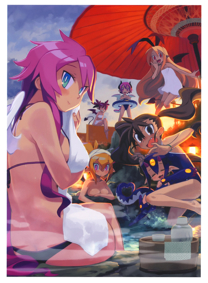 :3 :d =_= absurdres angel_wings ass bare_shoulders bat_wings bikini blonde_hair blue_eyes blush breast_press breasts bright_pupils brown_eyes brown_hair cleavage cloud cloudy_sky crossed_arms crossed_legs demon_tail demon_wings desco_(disgaea) disgaea embarrassed etna fang flat_chest flonne flonne_(fallen_angel) glomp hand_to_own_mouth highres horns hug innertube ishikawa_hideki kazamatsuri_fuuka large_breasts leg_up long_hair looking_at_viewer looking_back makai_senki_disgaea makai_senki_disgaea_2 makai_senki_disgaea_3 makai_senki_disgaea_4 multiple_girls one-piece_swimsuit onsen open_mouth oriental_umbrella pink_eyes pink_hair pointy_ears raspberyl red_eyes rozalin school_swimsuit sideboob sitting sky slit_pupils smile steam strap_slip sun sweatdrop swimsuit tail towel towel_on_head twintails umbrella very_long_hair vulcanus_(disgaea_4) wings wristband