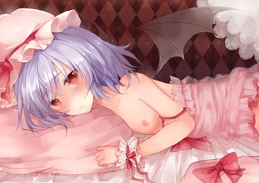 bare_shoulders bat_wings blush checkered checkered_background chemise flat_chest hat lying nazuka_(mikkamisaki) nipples on_stomach purple_hair red_eyes remilia_scarlet short_hair solo strap_slip touhou wings wrist_cuffs