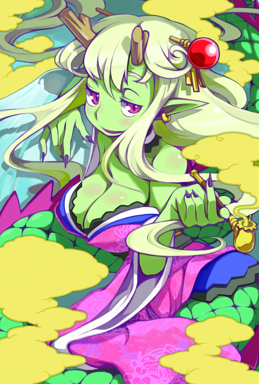 breasts cleavage dragon dragon_girl dragon_horns dragon_tail earrings green_hair green_skin hair_ornament highres horns japanese_clothes jewelry kimono kiseru large_breasts long_hair monster_girl nonco original pipe pointy_ears purple_eyes red_eyes smile smoke solo tail yuujo