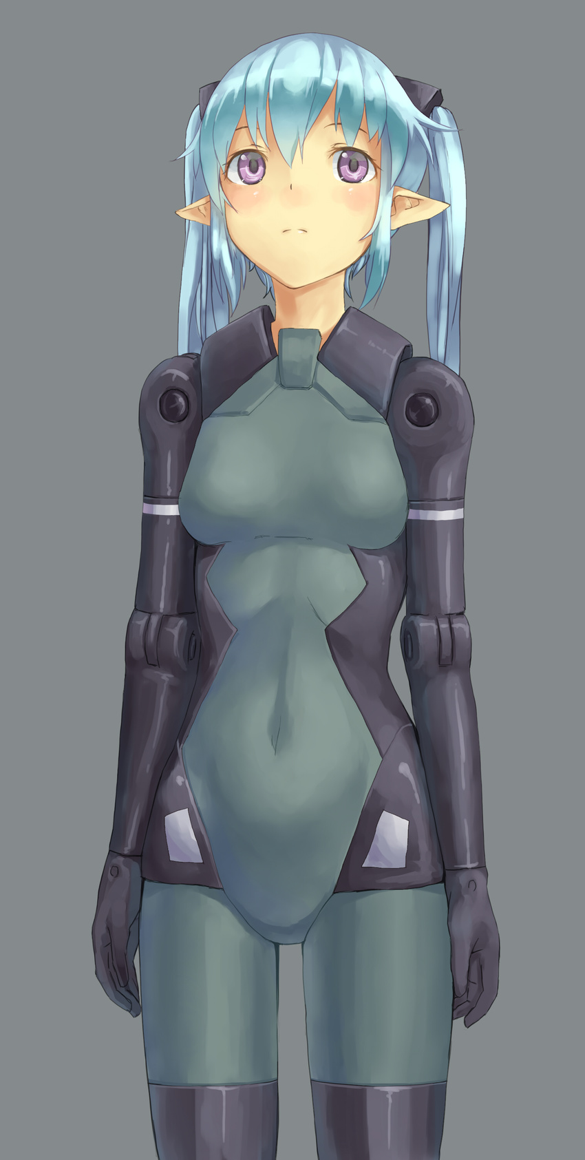 absurdres blue_hair bodysuit busou_shinki doll_joints eichisu face green_bodysuit highres long_hair pointy_ears purple_eyes robot_joints simple_background solo strarf twintails