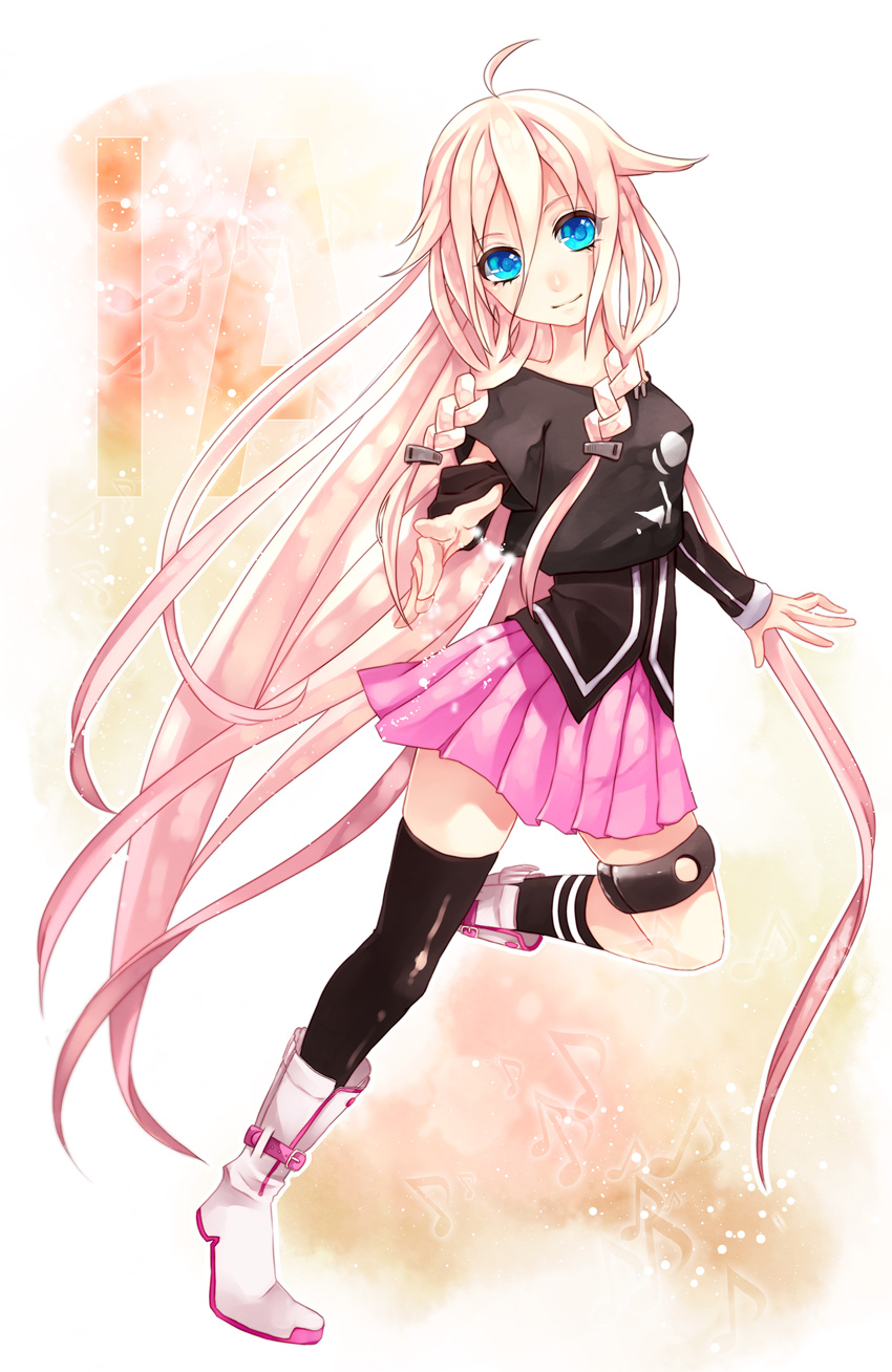 ahoge bare_shoulders blue_eyes boots braid highres ia_(vocaloid) long_hair looking_at_viewer mismatched_legwear pink_hair single_thighhigh skirt smile solo thigh_strap thighhighs twin_braids very_long_hair vocaloid wakatsuki_you