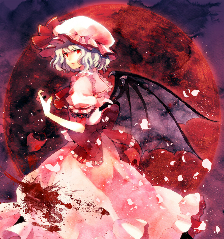 azure_starblue bad_id bad_pixiv_id bat_wings blue_eyes dress full_moon hat highres moon red_eyes red_moon remilia_scarlet solo touhou wings