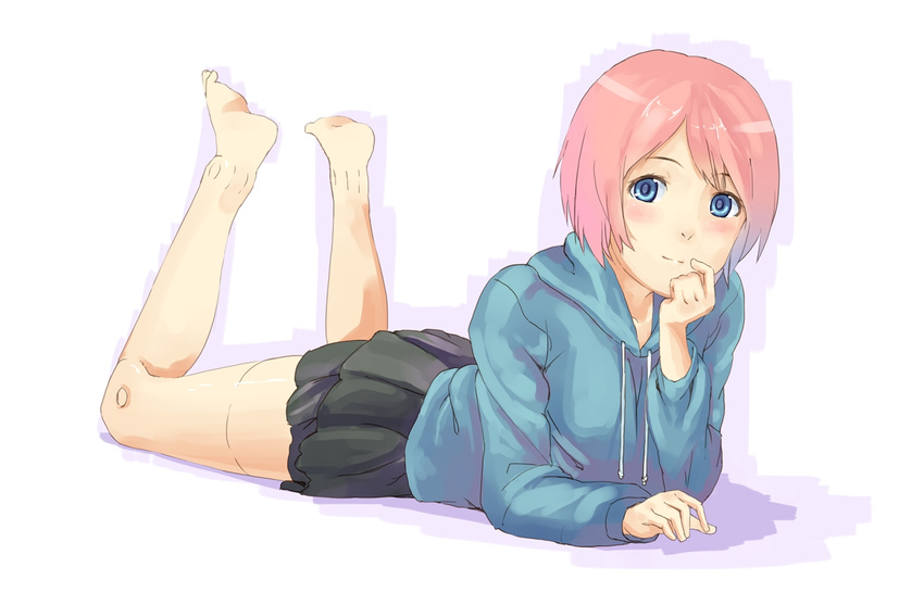 barefoot blue_eyes blush busou_shinki doll_joints eichisu estoril feet full_body hood hoodie legs lying on_stomach pink_hair robot_joints short_hair simple_background skirt solo