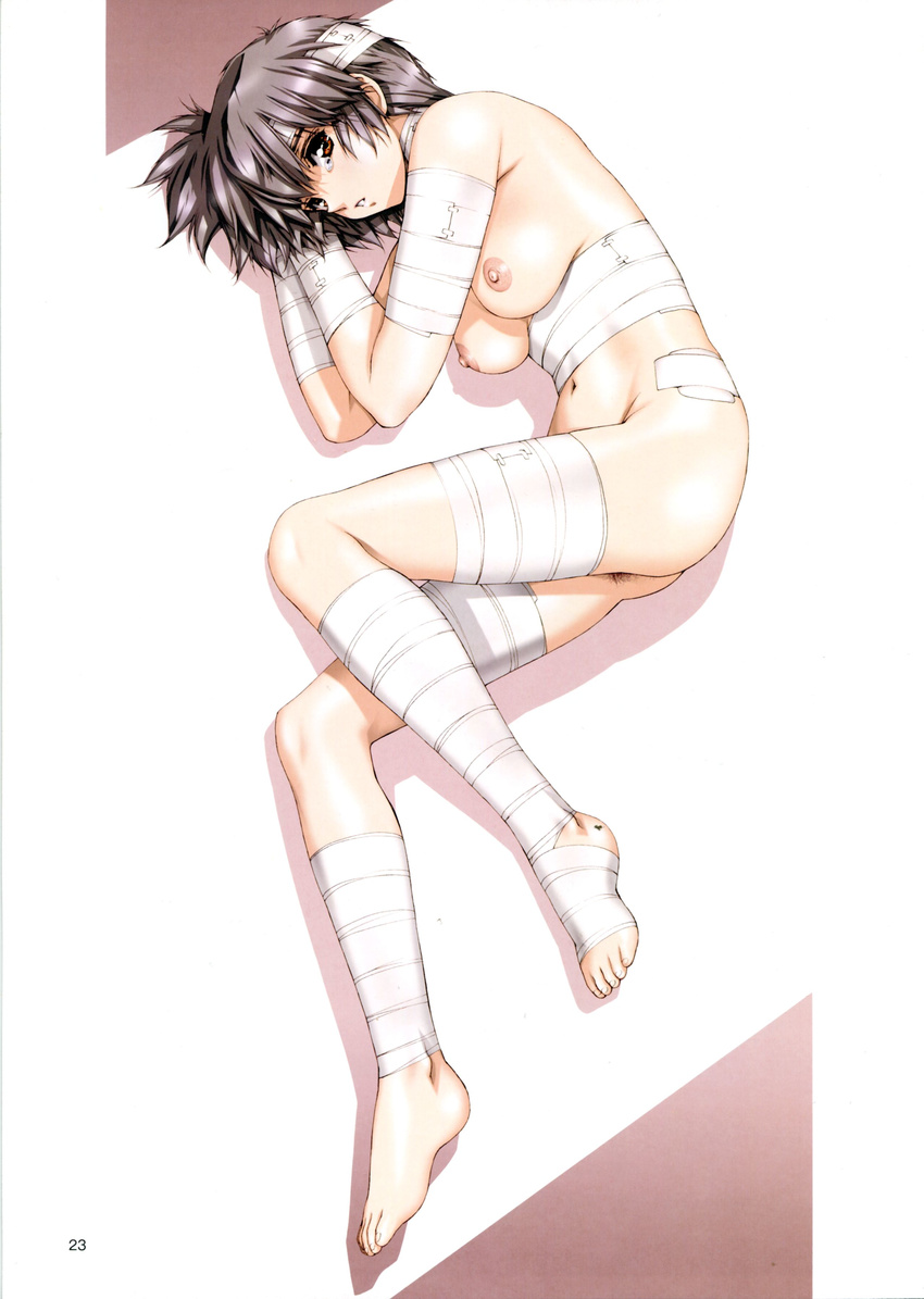 absurdres bandages barefoot breasts brown_eyes copyright_request feet grey_hair highres lying nipples nude on_side pubic_hair scan short_hair small_breasts solo tears urushihara_satoshi