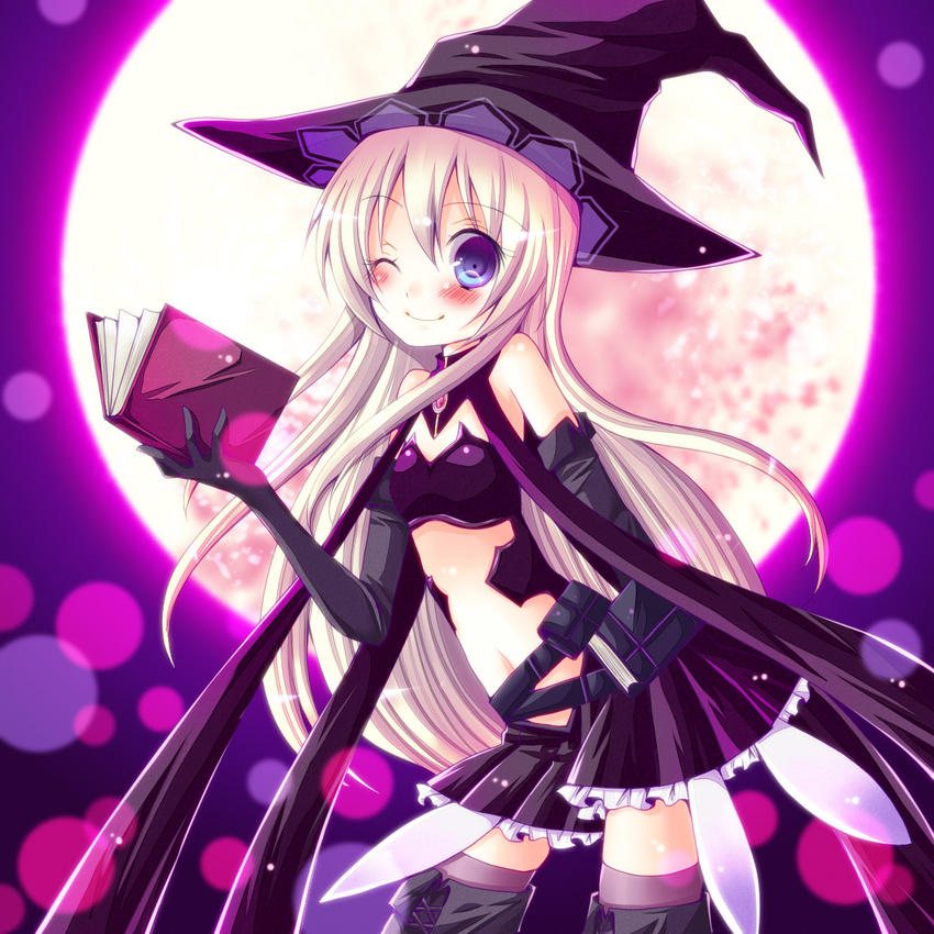 baby_witch blush book elbow_gloves full_moon gloves hat highres long_hair looking_at_viewer meiya_neon moon one_eye_closed shingeki_no_bahamut smile solo very_long_hair witch witch_hat