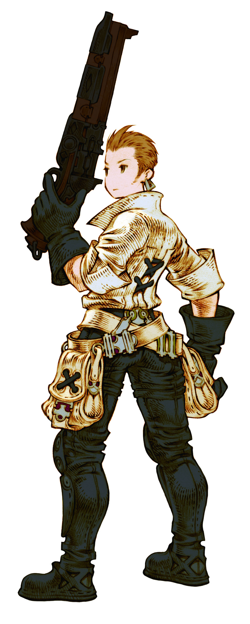 absurdres balflear belt brown_eyes brown_hair earrings final_fantasy final_fantasy_tactics from_behind full_body gloves gun highres holding holding_gun holding_weapon jewelry male_focus pouch simple_background solo trigger_discipline weapon white_background yoshida_akihiko