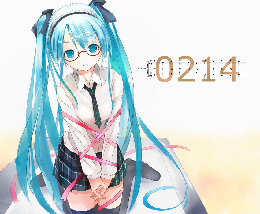 aqua_eyes aqua_hair bdsm bespectacled bondage bound character_name glasses h016 hands_clasped hatsune_miku kneeling long_hair necktie own_hands_together ribbon skirt smile solo thighhighs twintails very_long_hair vocaloid