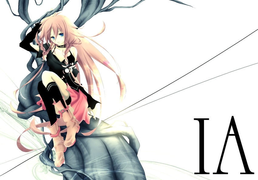 aonoe bare_shoulders boots braid character_name ia_(vocaloid) long_hair looking_at_viewer mismatched_legwear pink_hair single_thighhigh sitting skirt solo thighhighs twin_braids very_long_hair vocaloid