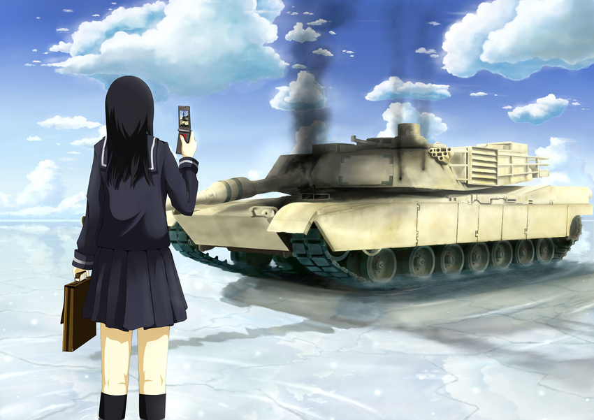 bag black_hair blue_sky bullet_hole caterpillar_tracks cellphone cellphone_camera cloud commentary day from_behind ground_vehicle highres long_hair m1_abrams main_battle_tank military military_vehicle motor_vehicle original phone school_bag school_uniform serafuku shallow_water sky smoke standing tank wading water yakuto007