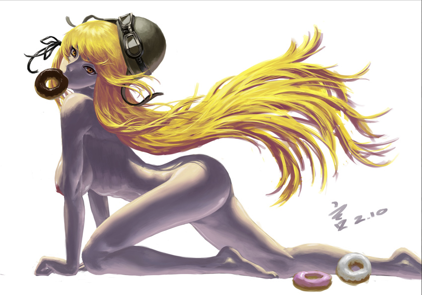 all_fours bakemonogatari blonde_hair breasts cosplay doughnut food hat kiss-shot_acerola-orion_heart-under-blade large_breasts long_hair monogatari_(series) mouth_hold nipples nude scrap_iron solo very_long_hair yellow_eyes