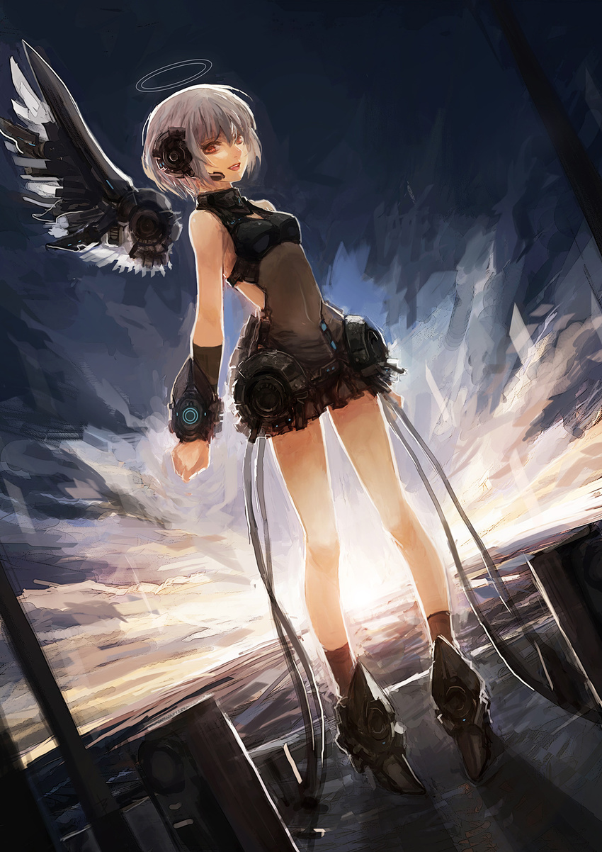 angel bare_shoulders bryanth detached_wings halo highres open_mouth original red_eyes short_hair silver_hair smile solo sunrise wings