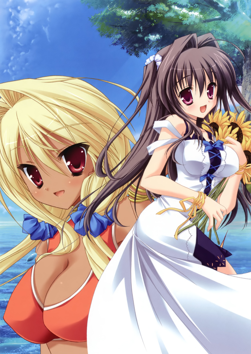 :d absurdres ahoge arm_up bangs bare_shoulders black_hair blonde_hair blush bouquet bow bracelet breasts cleavage cleavage_cutout cloud crop_top dark_skin day dress flower hair_between_eyes hair_intakes highres impossible_clothes impossible_dress jewelry kaya_(natsu_yume_nagisa) kozakura_ryou lace large_breasts long_hair looking_at_viewer looking_back midriff multiple_girls nanase_ayumu natsu_yume_nagisa natsu_yume_nagisa_~nostalgie~ ocean official_art open_mouth outdoors profile purple_eyes red_eyes ribbon scan scrunchie sidelocks sky smile standing strap_slip sundress sunflower tree twintails two_side_up upper_body water wrist_ribbon